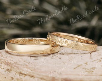 純金製の葉っぱの枝をモチーフにした結婚指輪セット、お揃いのカップル 