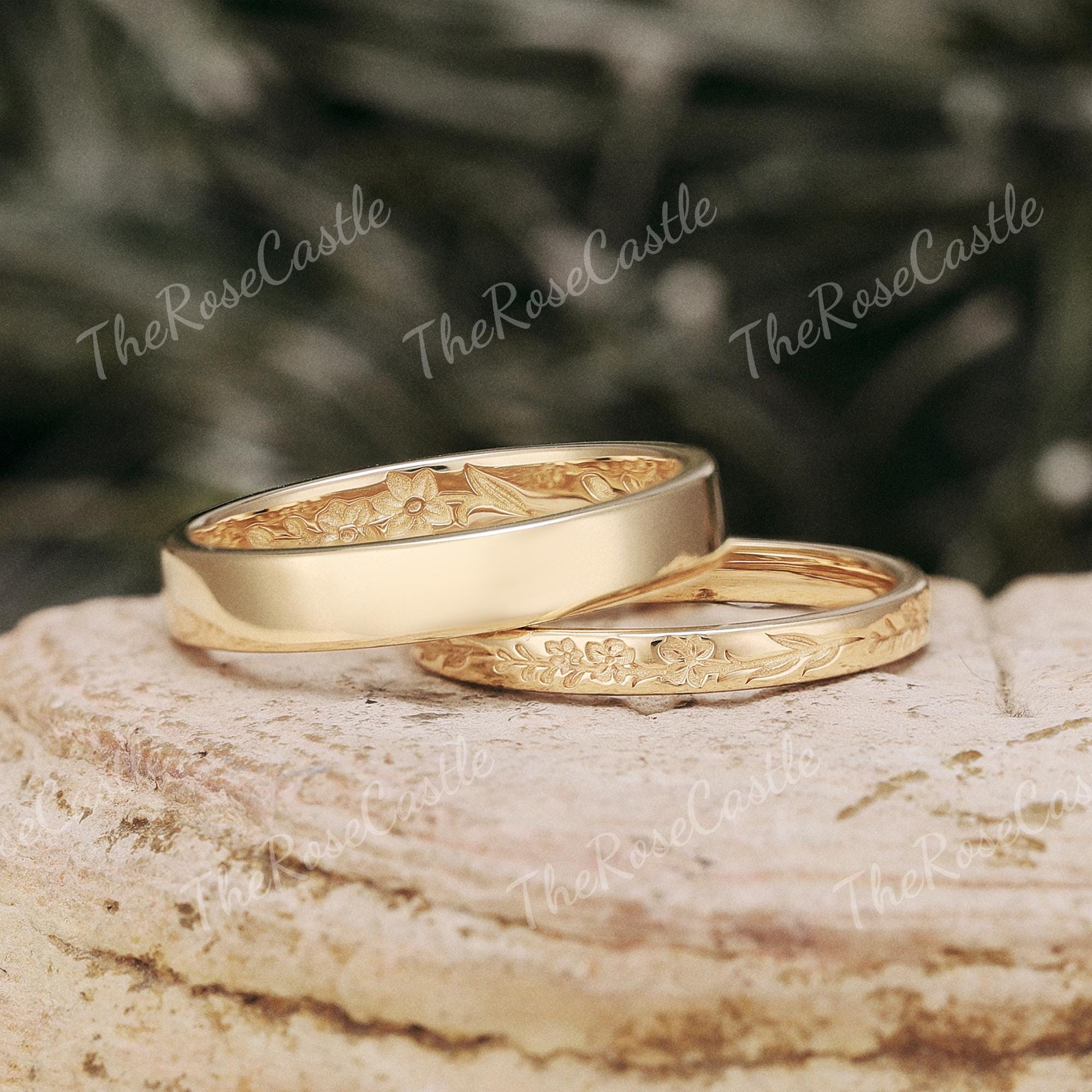 2pcs Floral Engraved Wedding Band Set, Solid Gold Matching Rings, His 2pcs Floral Engraved Wedding Band Set, Solid Gold Matching Rings, His