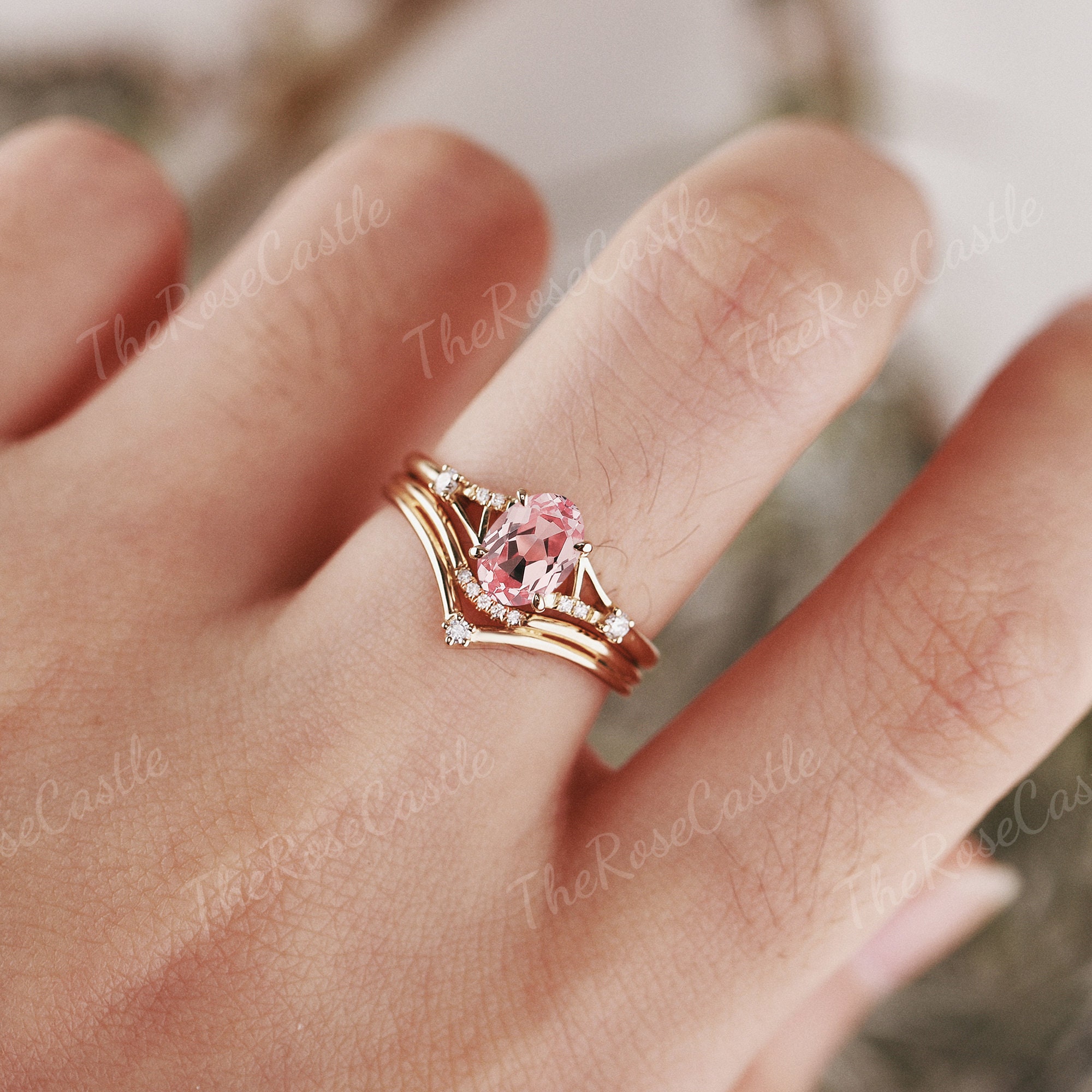 Vintage Pink Sapphire Engagement Ring Set Gold Rings Unique - Etsy