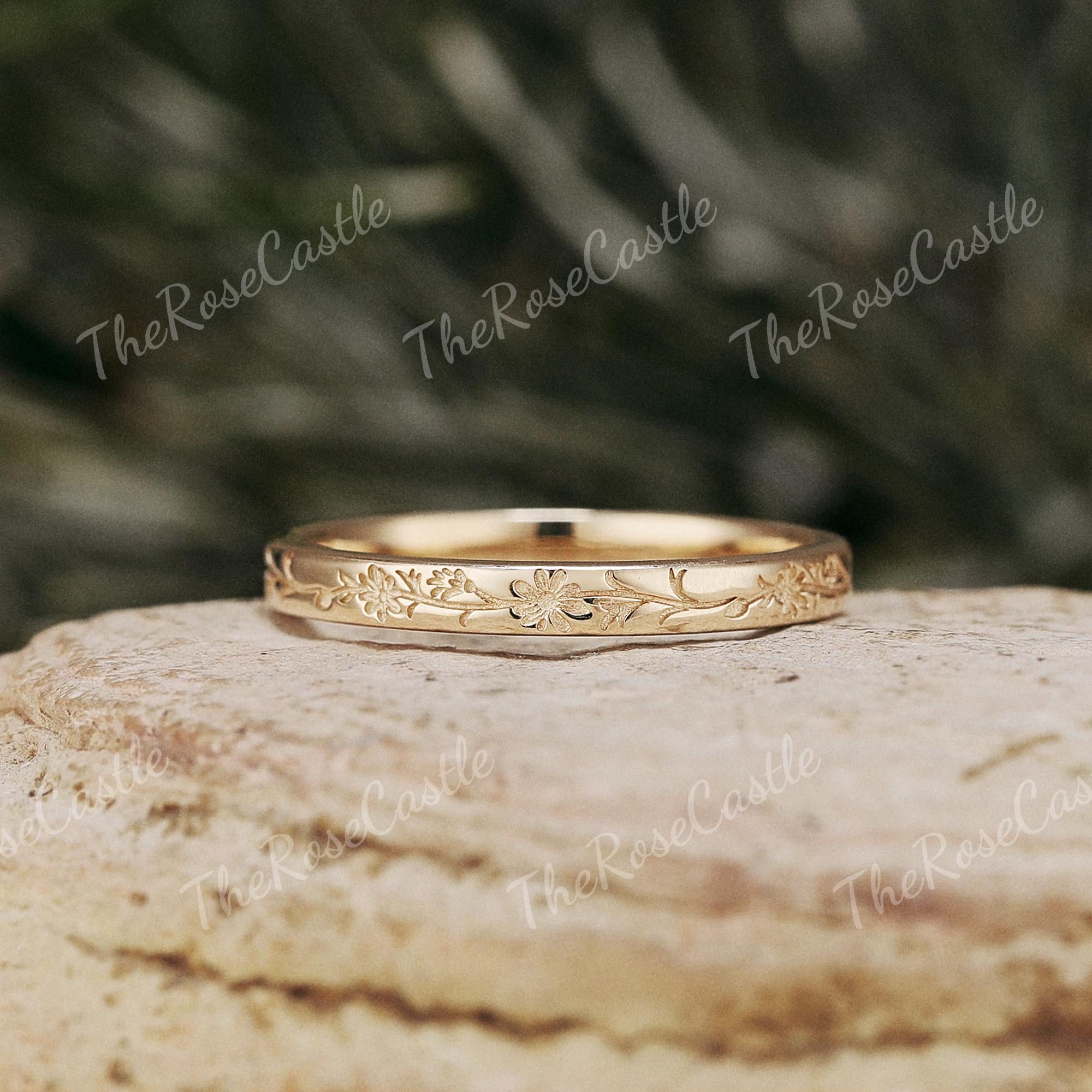 Unique Birth Flower Engraving Wedding Band Set Solid Gold Matching Unique Birth Flower Engraving Wedding Band Set Solid Gold Matching