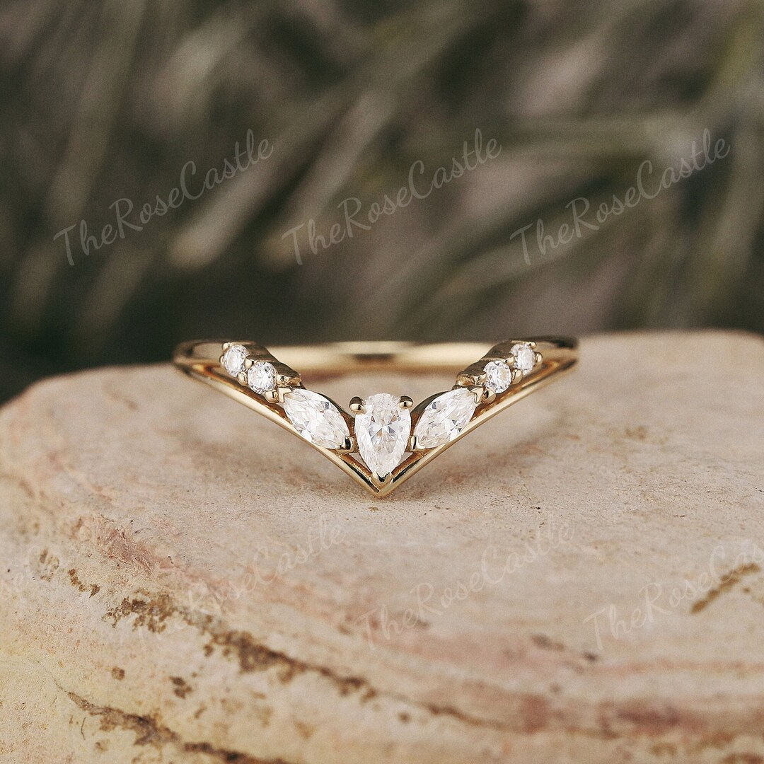 Unique Marquise Cut Moissanite Wedding Band Yellow Gold Moissanite