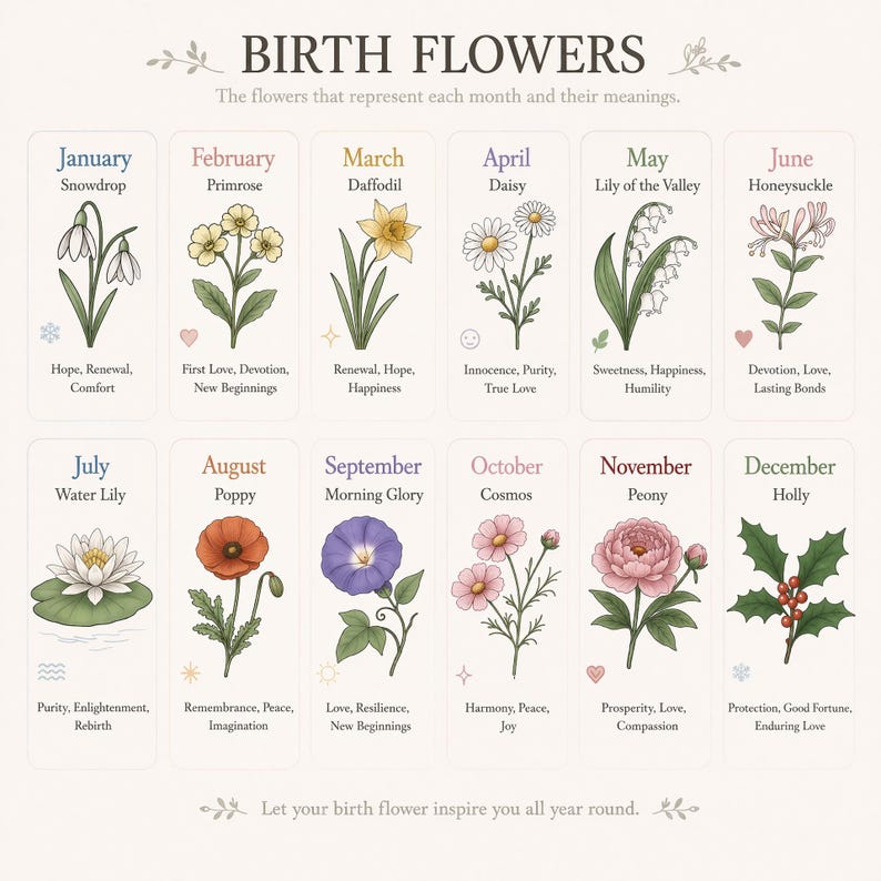 K&ouml;nnte beinhalten: Eine dekorative Grafik mit dem Titel "BIRTH FLOWERS" zeigt Illustrationen von Blumen, die jeden Monat repr&auml;sentieren, zusammen mit ihren Bedeutungen. Die Grafik enth&auml;lt Blumen wie Schneegl&ouml;ckchen, Narzissen, Mohnblumen und Pfingstrosen sowie zugeh&ouml;rige Tugenden wie Hoffnung, Liebe und Frieden.