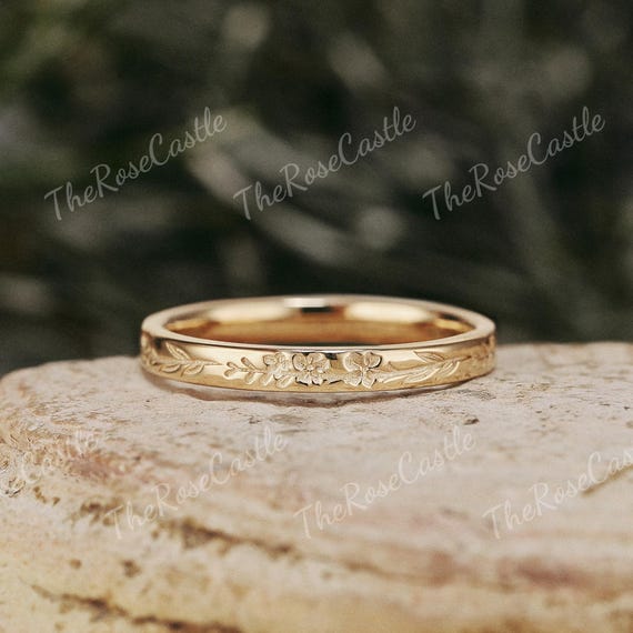 2.2MM Solid Gold Birth Flower Ring Natural Inspired Leaf Wedding Band Art Deco Handmade Engraved Wedding Band Minimalist Ring Gift For Her