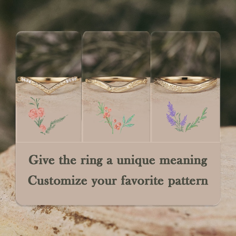 May include: Three gold rings with different engraved floral patterns. The rings are on a light brown background with a floral design below each ring. The text "Give the ring a unique meaning Customize your favorite pattern" is below the rings.