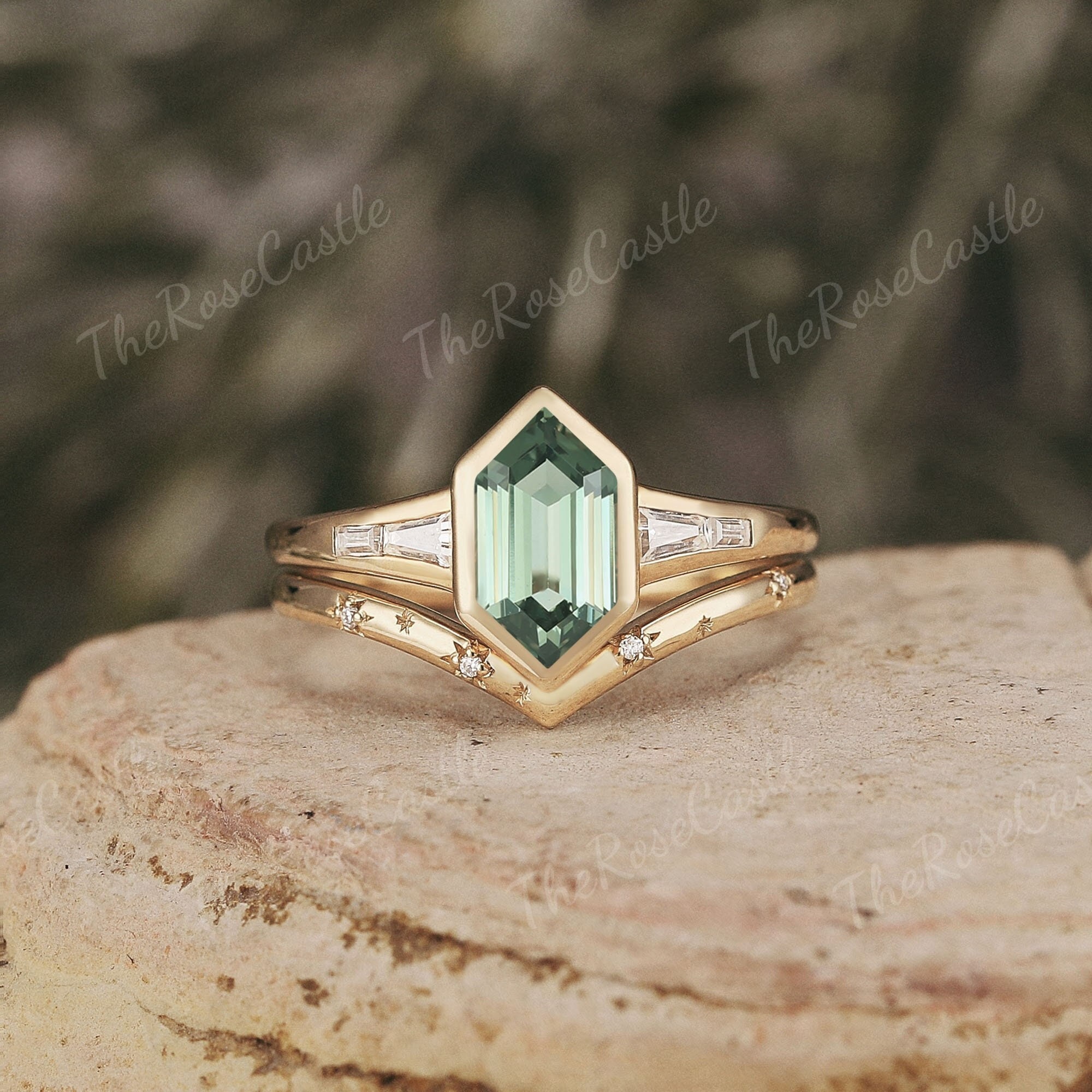 Hexagon Cut Bezel Grüner Saphir Verlobungsring Set Moissanit Cluster Ehering Solid Gold Star Design Hochzeitsband Versprechen Braut Set