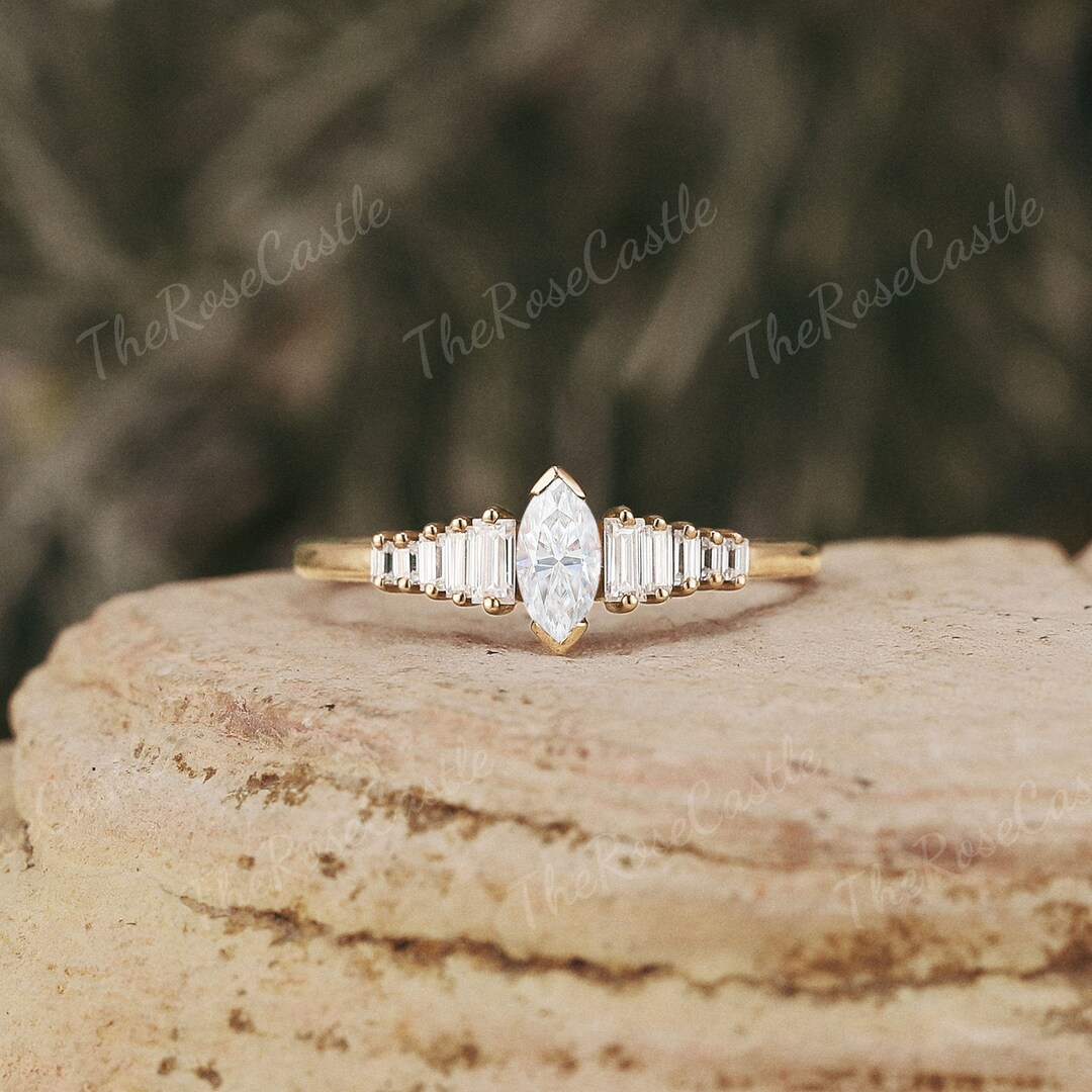 Art Deco Moissanite Ring Marquise Cut Moissanite Engagement Ring Yellow ...