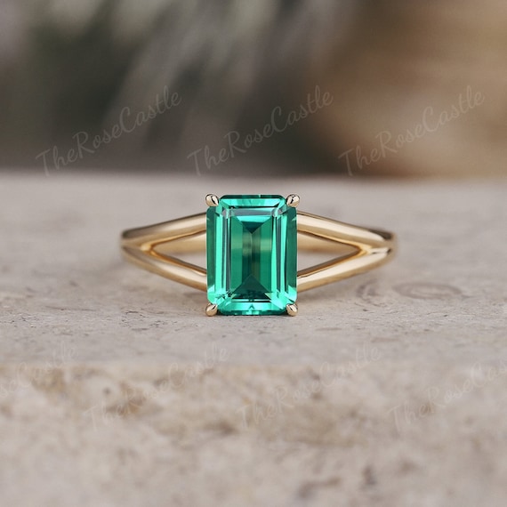 Unique emerald engagement ring emerald cut ring solitaire ring yellow gold  vintage ring custom wedding ring art deco promise gift for women
