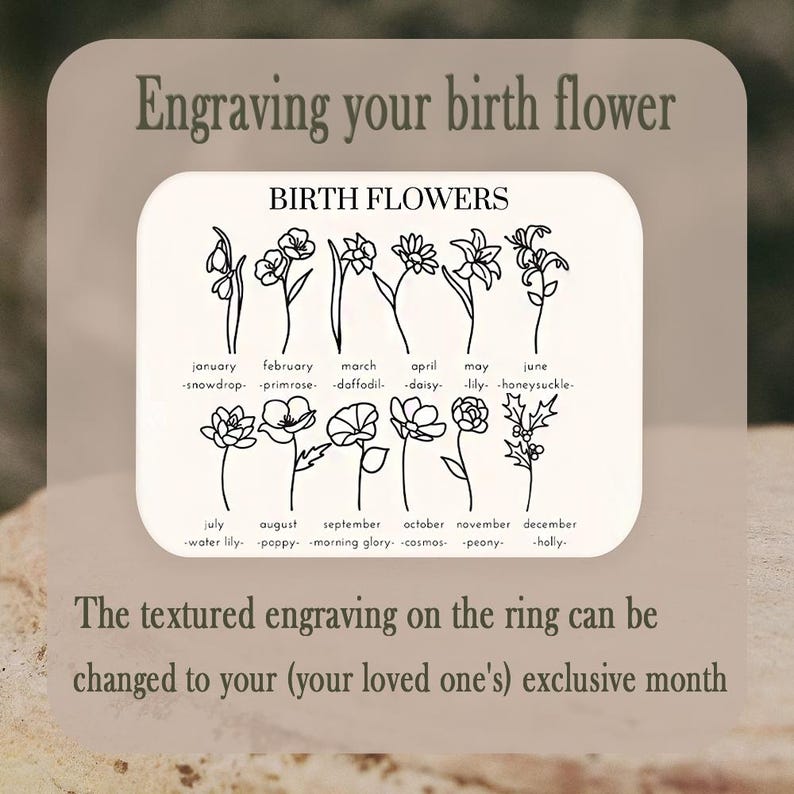 K&ouml;nnte beinhalten: Eine cremefarbene Karte zeigt schwarze Strichzeichnungen von Geburtsblumen f&uuml;r jeden Monat. Der Text oben lautet "Engraving your birth flower". Die Karte enth&auml;lt auch "BIRTH FLOWERS" und die Namen der Blumen und Monate.