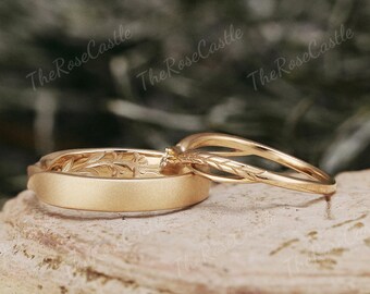 2pcs Nature Inspired Leaf Couple Rings Set Solid Gold Mens Wedding