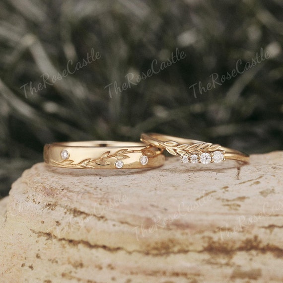 2pc Couple Ring Set Vintage Solid Gold Plain Wedding Band His and