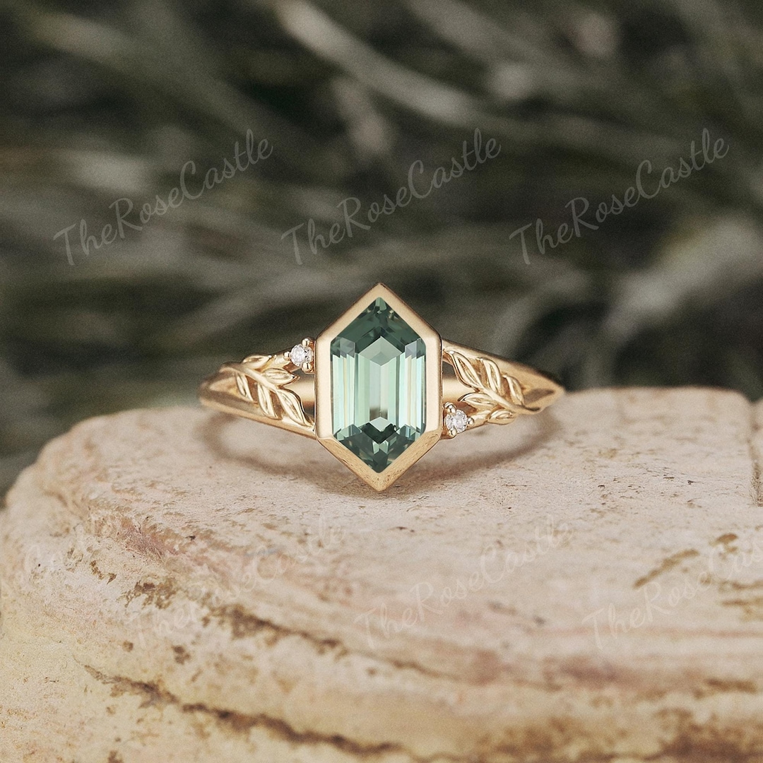 Green Sapphire Engagement Ring Solid Gold Natural Leaf Ring Cluster ...