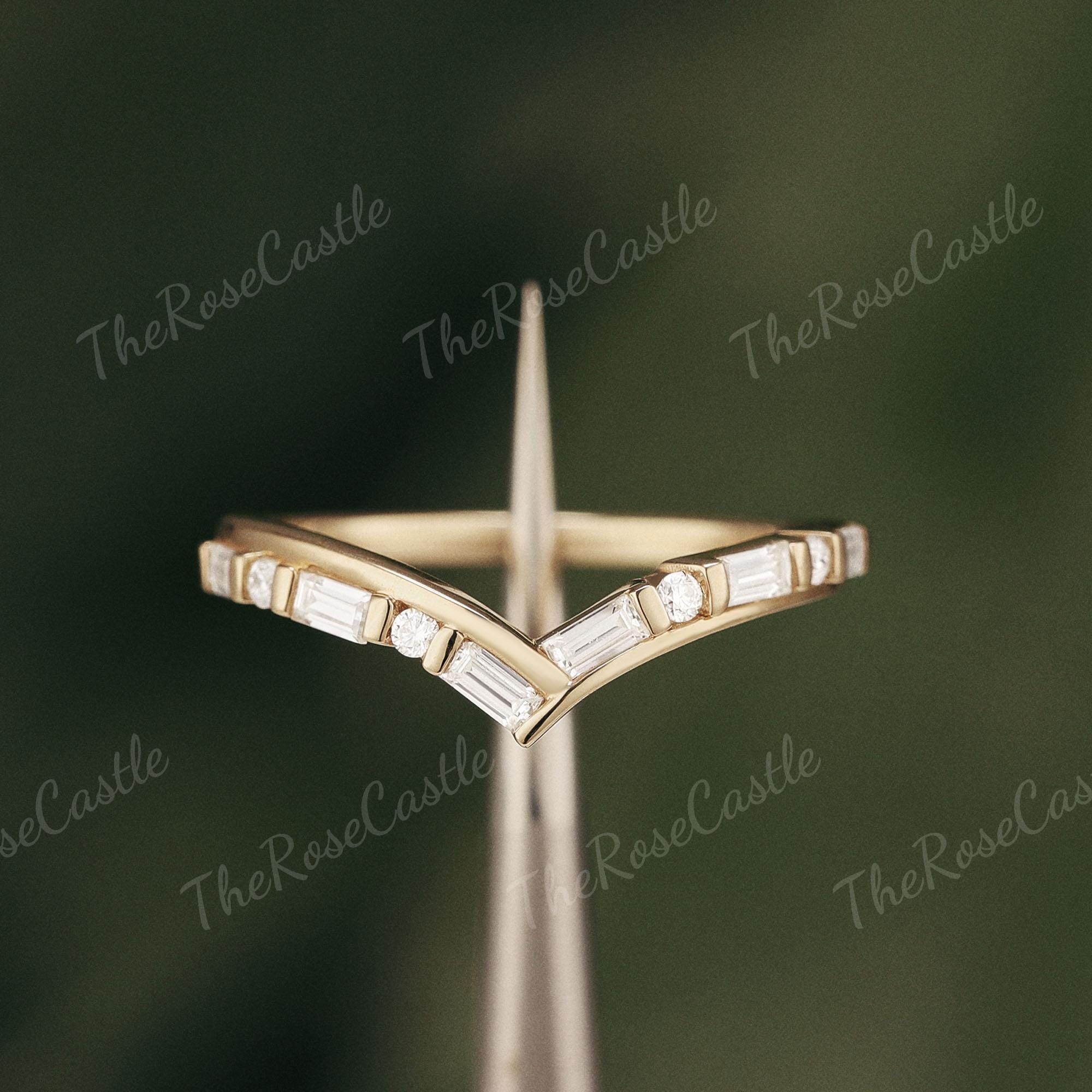 Unique Moissanite Curved Wedding Band Solid Gold Baguette Shape ...