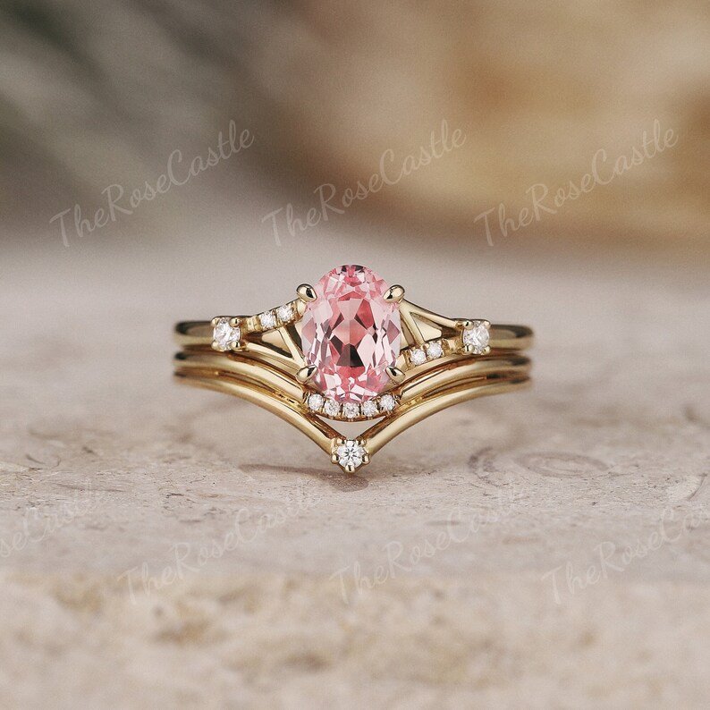 Vintage Pink Sapphire Engagement Ring Set Gold Rings Unique - Etsy