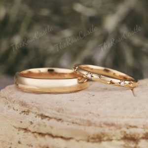 2pcs Solid Gold Moon Star Couple Rings Set Unique Star Moissanite Wedding Band Moissanite Mens Wedding Band Matching Rings For Him For Her