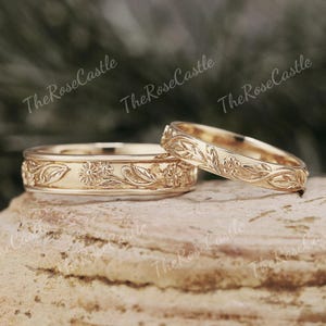 2pcs Leaf Couple Rings Set Solid Gold Birth Flower Wedding Band Set Nature Inspired Leaf Couple Ring For Men and Women Handmade Jewelry