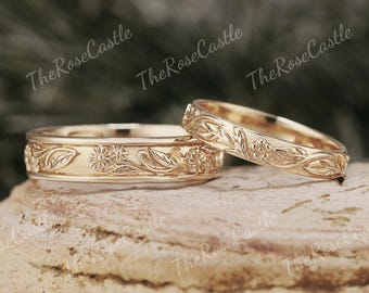 2pcs Leaf Couple Rings Set Solid Gold Birth Flower Wedding Band Set Nature Inspired Leaf Couple Ring For Men and Women Handmade Jewelry