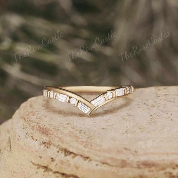 Unique Moissanite Curved Wedding Band Solid Gold Baguette Shape Moissanite  Stacking Wedding Band Moissanite Personalized Rings For Women