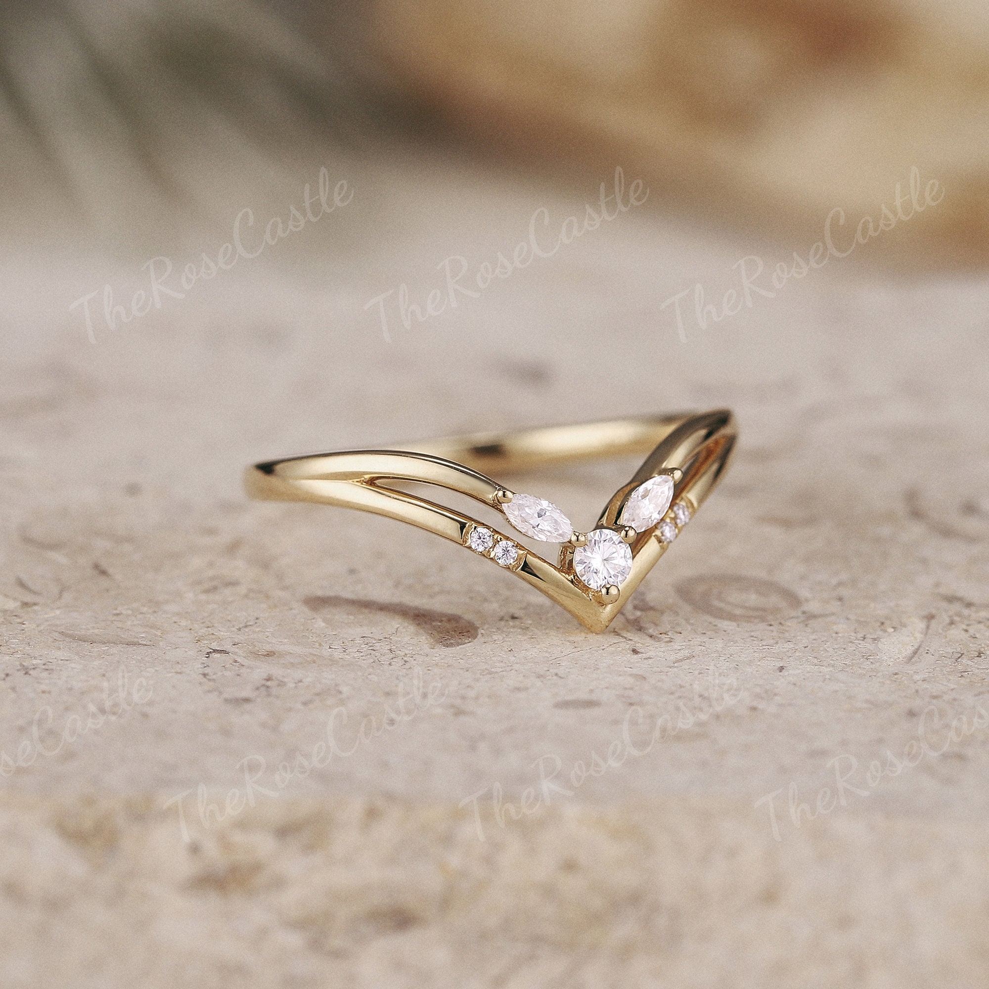 Art Deco Moissanite Curved Wedding Band Yellow Gold Moissanite Stacking ...