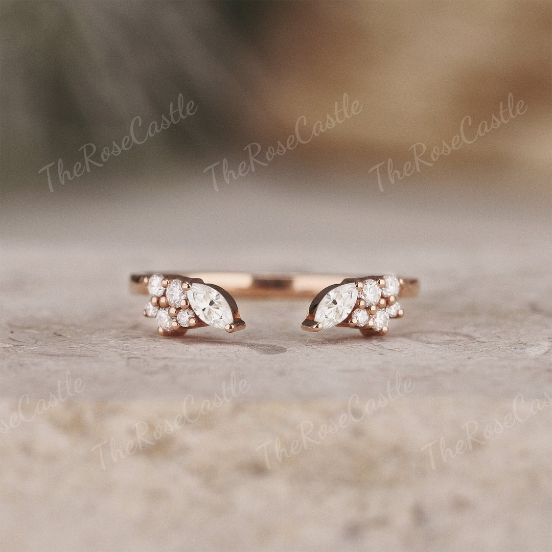Unique Marquise Moissanite Wedding Band Art Deco Rose Gold Moissanite ...