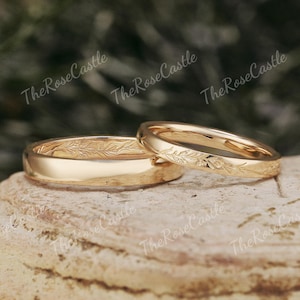 2pcs Leaf Couple Rings Set For Men and Women Mens Wedding Band Natural Inspire Leaf His and Her Wedding Band set Yellow Gold Bridal Set