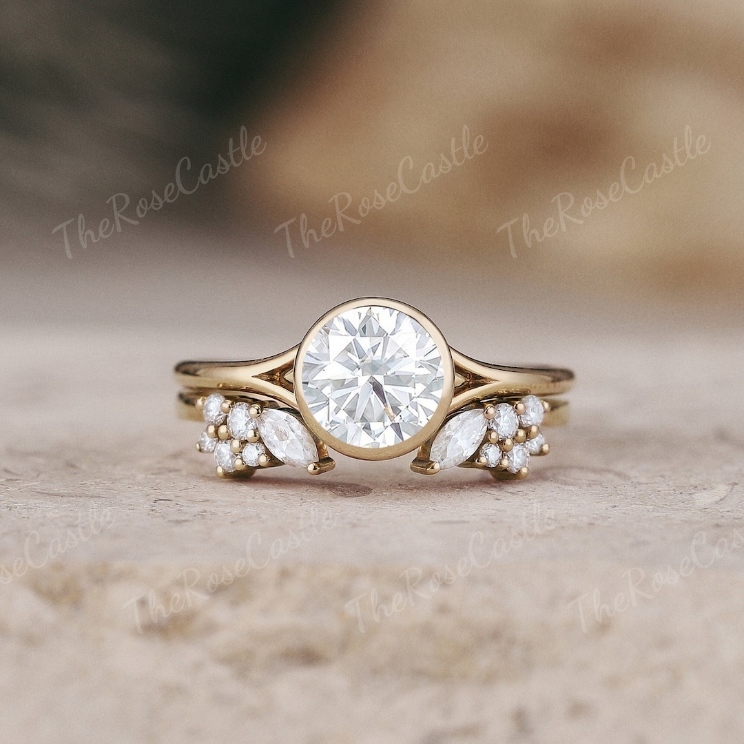 Vintage Art Deco Moissanite Engagement Ring Set Solid Gold Bridal ...