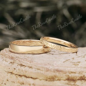 2 Stück Natur Inspiriert Paar Ringe Set Massivgold Geburt Blume Seine und Ihre Hochzeit Band Set Blume Gravur Versprechen Ringe für Männer und Frauen