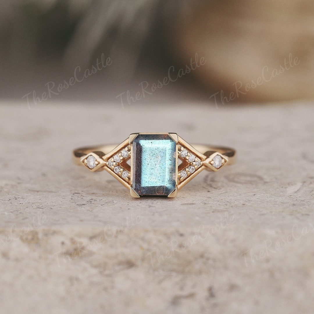 Labrine Engagement Rings Art Deco Labradorite Engagement Ring, Vintage Moissanite Wedding Band ...