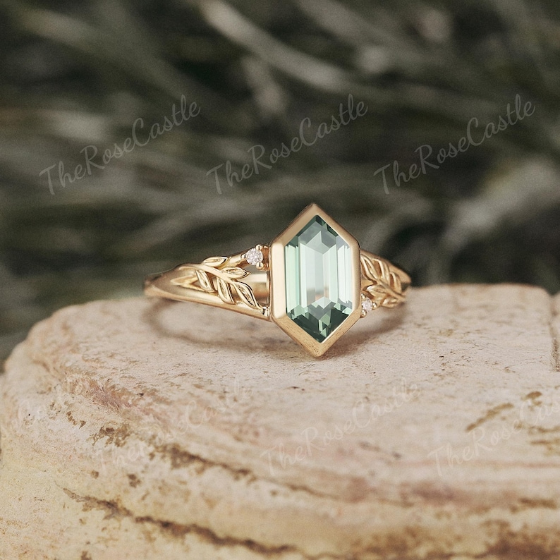 Green Sapphire Engagement Ring Solid Gold Natural Leaf Ring Cluster ...
