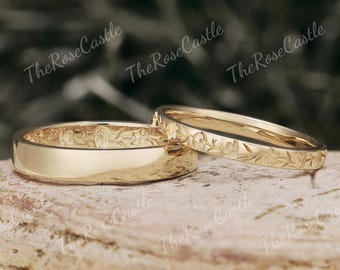 Floral Engraved Solid Gold Wedding Band Set, His and Hers Matching Rings