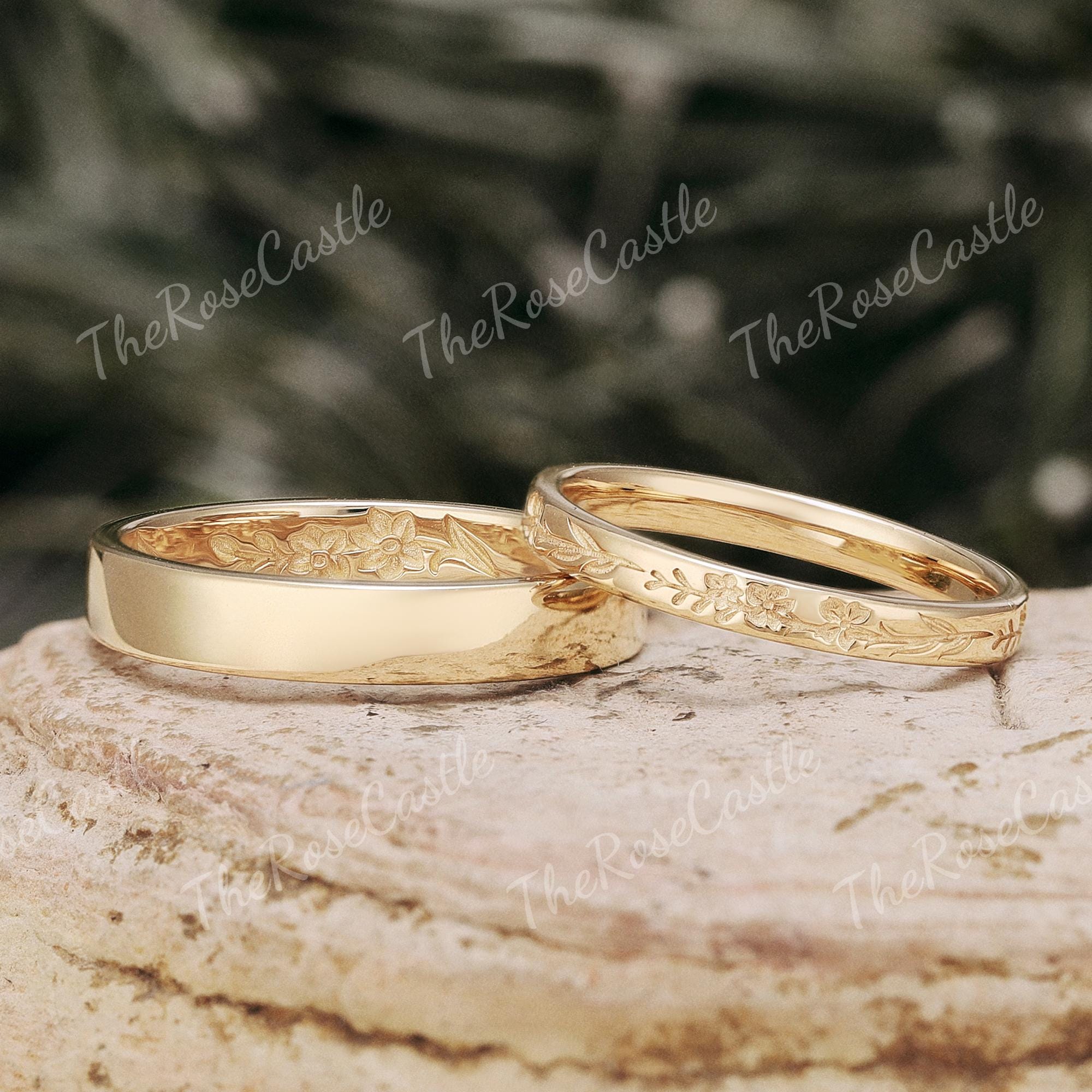Ensemble Trio Alliances Mariée & Mari Or Massif 14 Carats - Taille 7 Femme / 9,5 Homme