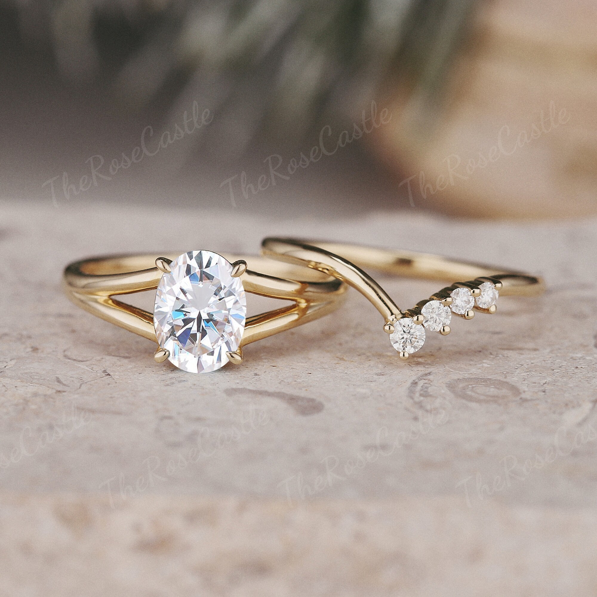 Unique Oval Moissanite Engagement Ring Set Yellow Gold Vintage Bridal ...