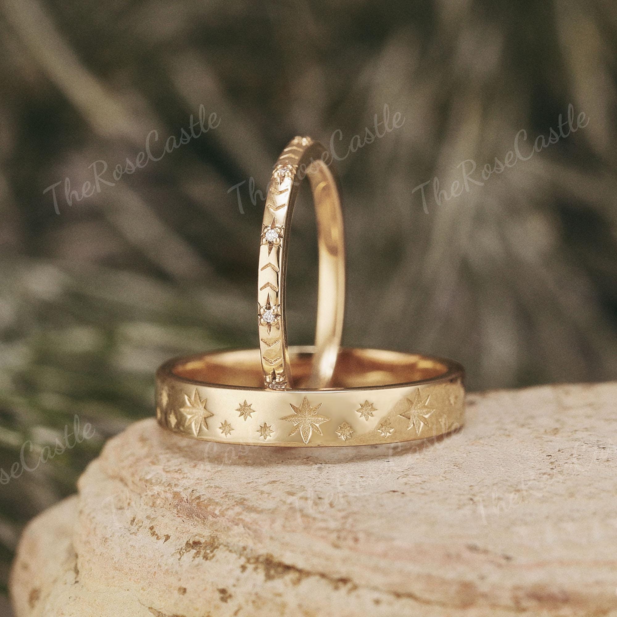 2pcs Star Engraving Couple Rings Set Solid Gold Mens Wedding Band ...