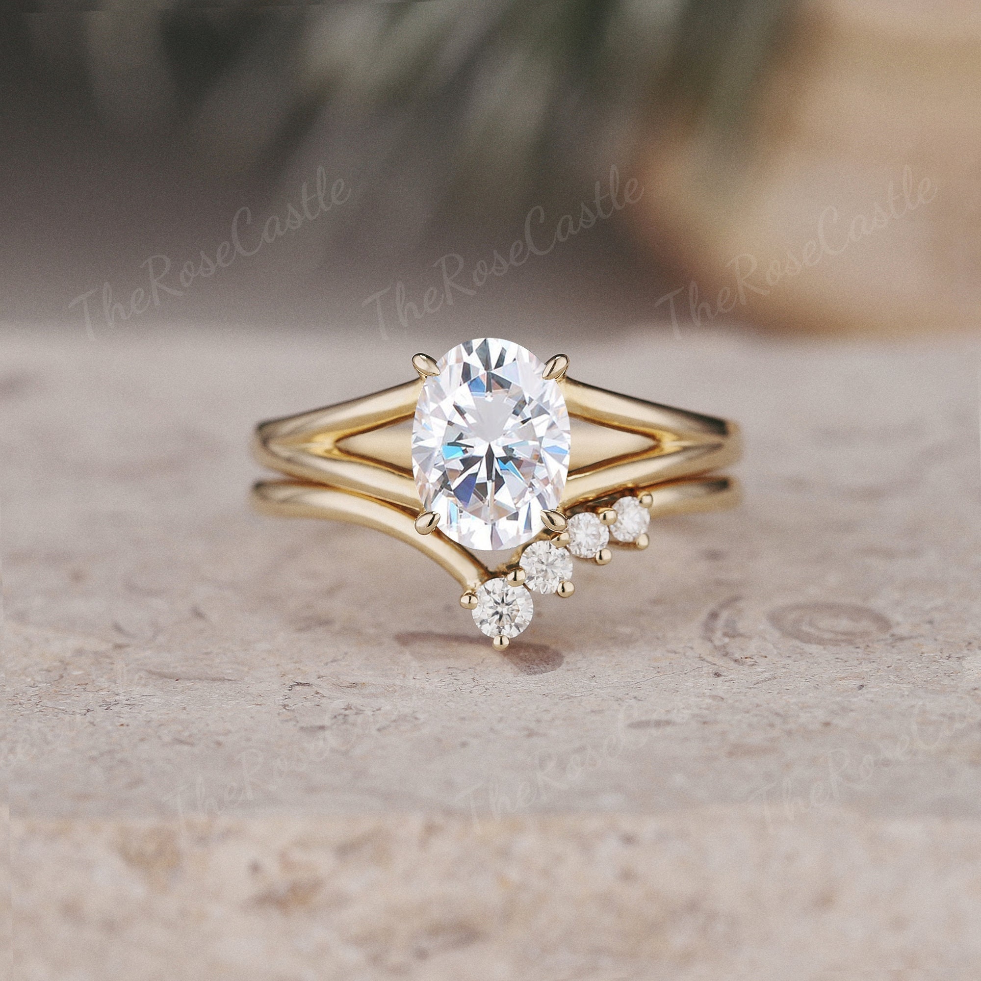 Unique Oval Moissanite Engagement Ring Set Yellow Gold Vintage Bridal ...