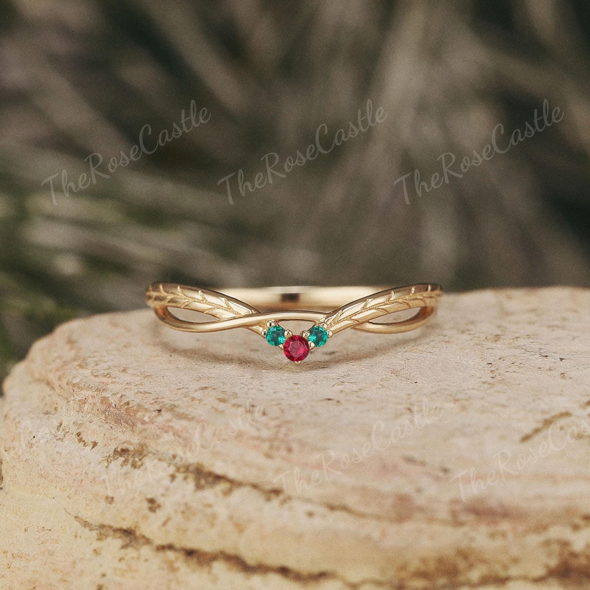 Nature Inspired Leaf Ruby Wedding Band Solid Gold Rings Emerald Curved Stacking Ring Custom Wedding Rings For Christmas gift