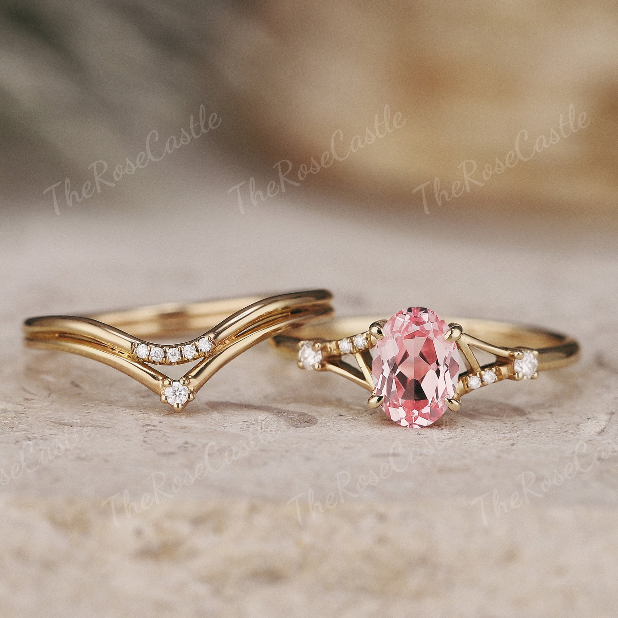 Vintage Pink Sapphire Engagement Ring Set Gold Rings Unique - Etsy