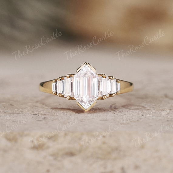 Unique Elongated Hexagon Moissanite Engagement Ring Solid Gold