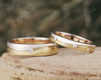 2pcs Two Tone Couple Ring Solid Gold Mens Wedding Band Mixed