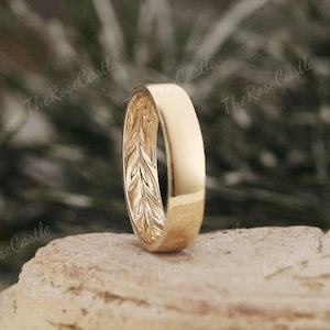 Men's Rings Leaf Pattern Solid Gold Leaf Branch Mens Wedding Band – Nature Engraved Minimalist ...