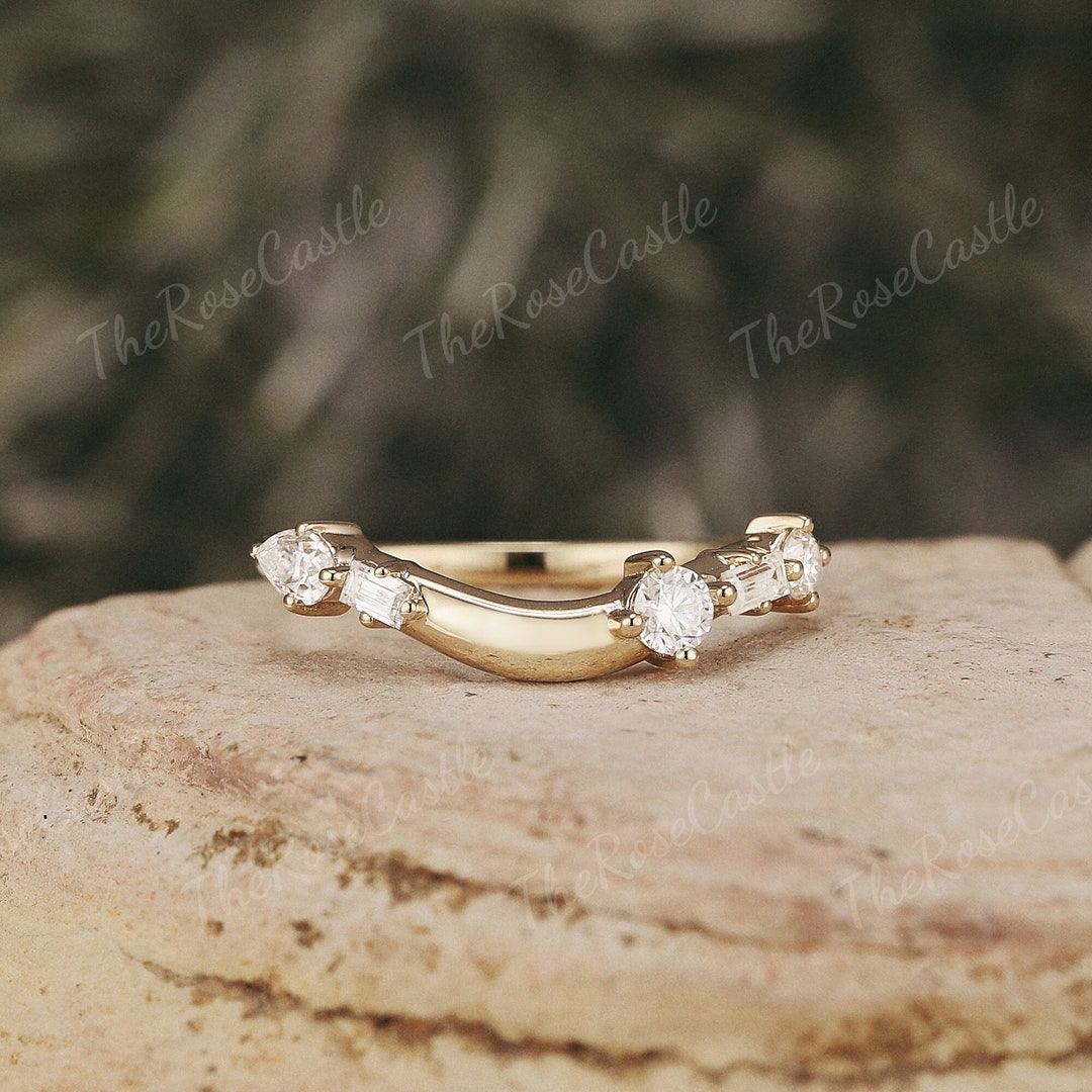 Art Deco Moissanite Curved Wedding Band, Yellow Gold Cluster Ring - Etsy
