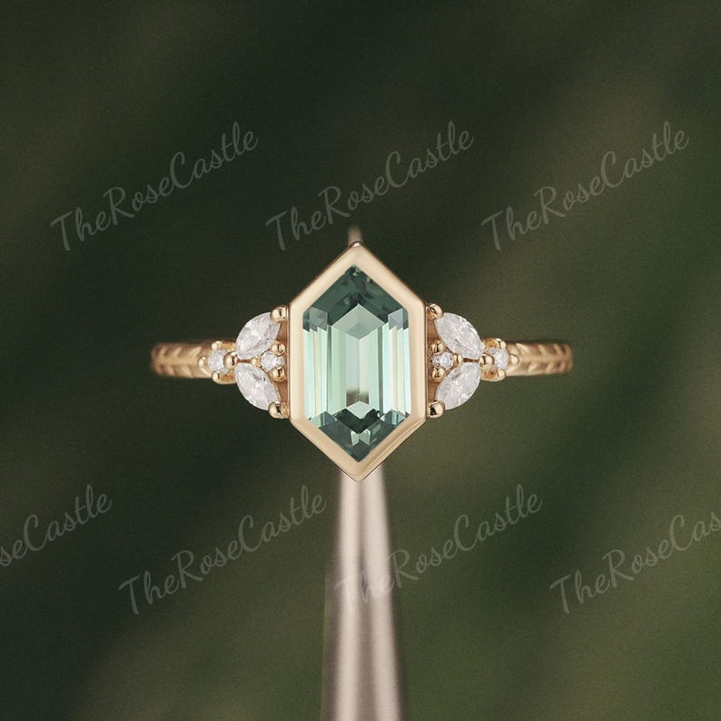 Bezel Green Sapphire Engagement Ring Solid Gold Nature Inspired Leaf ...