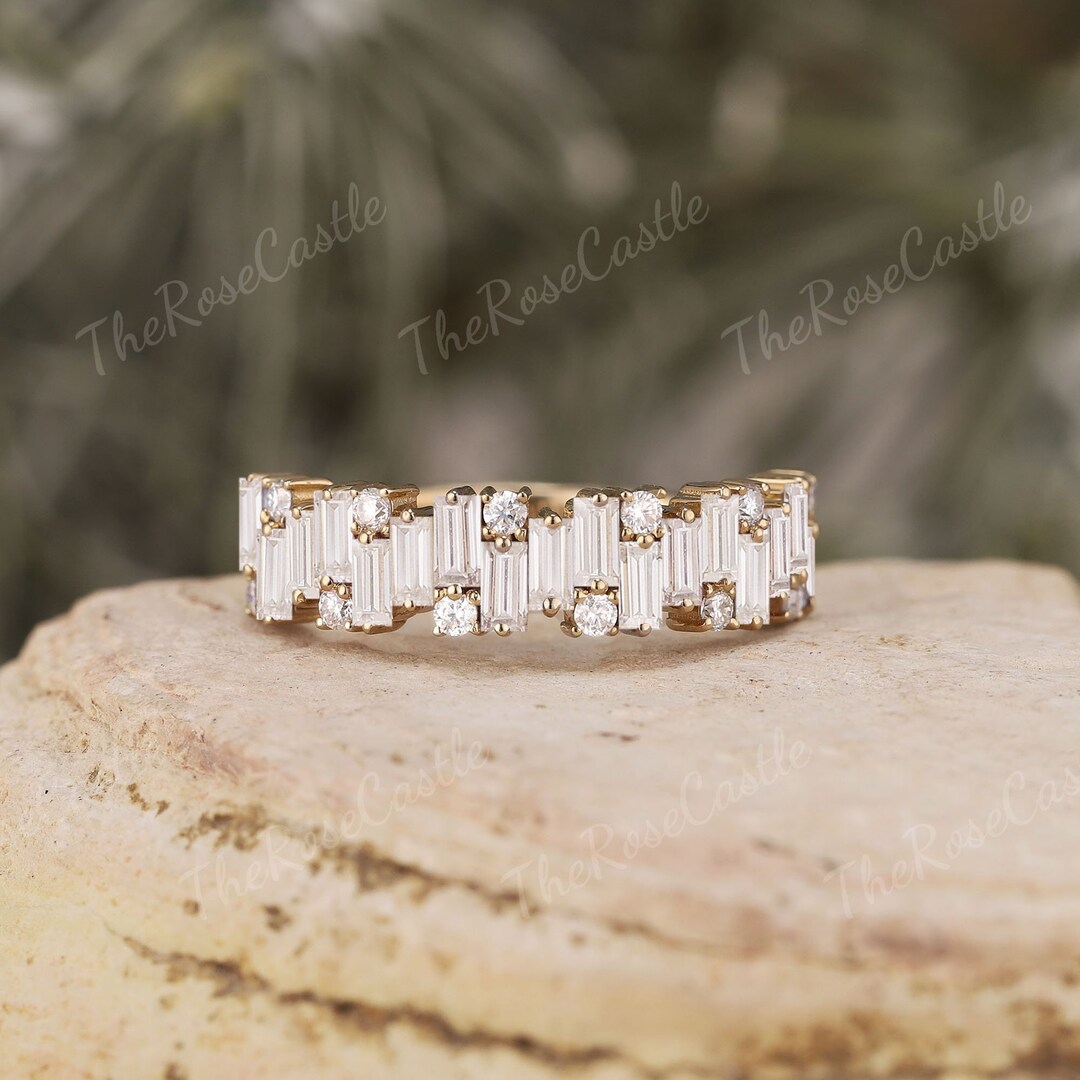 Unique Baguette Cut Moissanite Wedding Band Solid Gold Moissanite ...