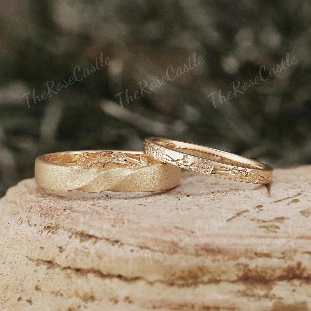 Leaf Design Couple Rings Solid Gold 2pcs Nature Inspired Wedding Ring ...