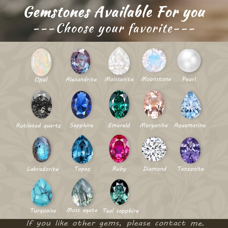May include: A chart of gemstones available for purchase. The chart shows 16 different gemstones, including opal, alexandrite, moissanite, moonstone, pearl, rutilated quartz, sapphire, emerald, morganite, aquamarine, labradorite, topaz, ruby, diamond, tanzanite, turquoise, moss agate, and teal sapphire.