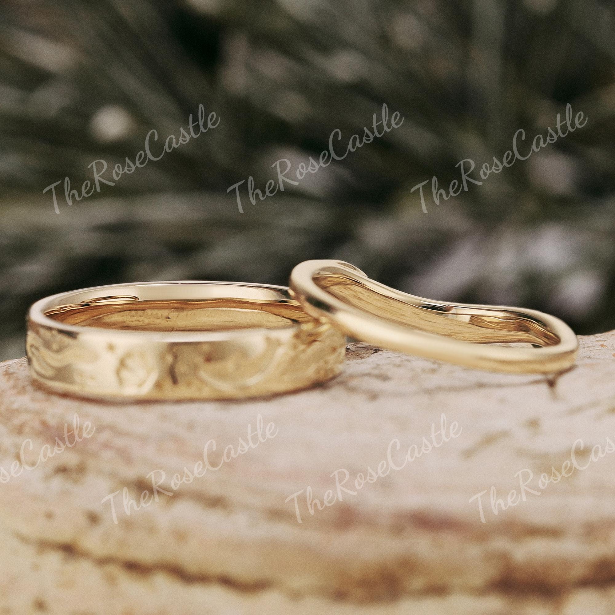 2pcs Ocean Engraving Wedding Band Set Solid Gold Ocean Inspired Whale ...