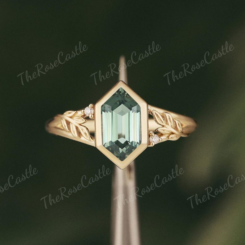 Green Sapphire Engagement Ring Solid Gold Natural Leaf Ring Cluster ...