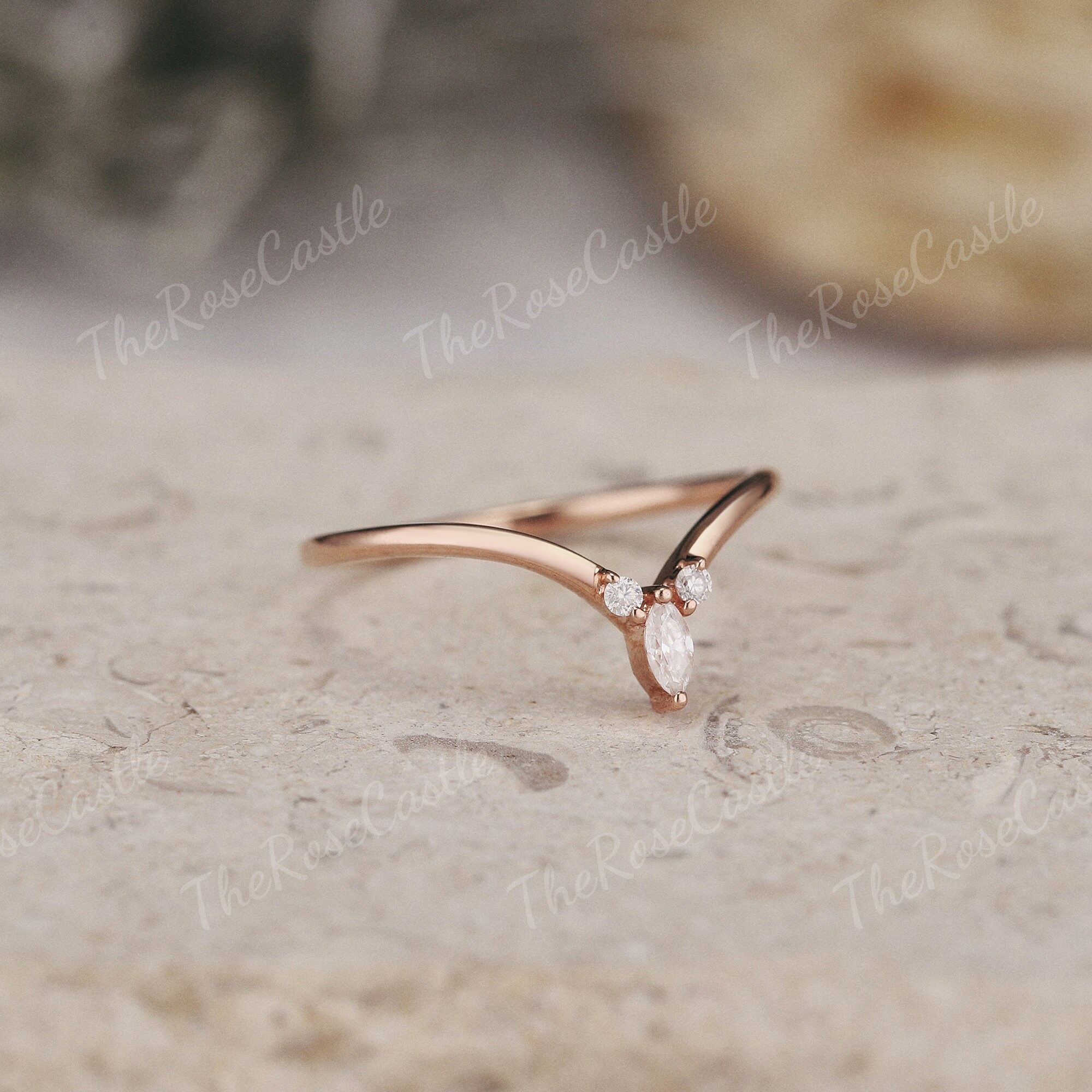 Marquise Moissanite Chevron Ring, Rose Gold Stacking Band – Minimalist ...