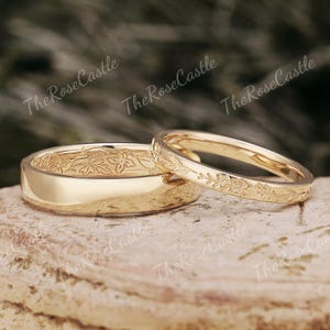 2 stücke Blatt Gravur Paar Ringe Set Massivgold Geburt Blume Seine und Ihre Hochzeit Band Set Paar Versprechen Ringe Für Einzigartige Geburtstagsgeschenk