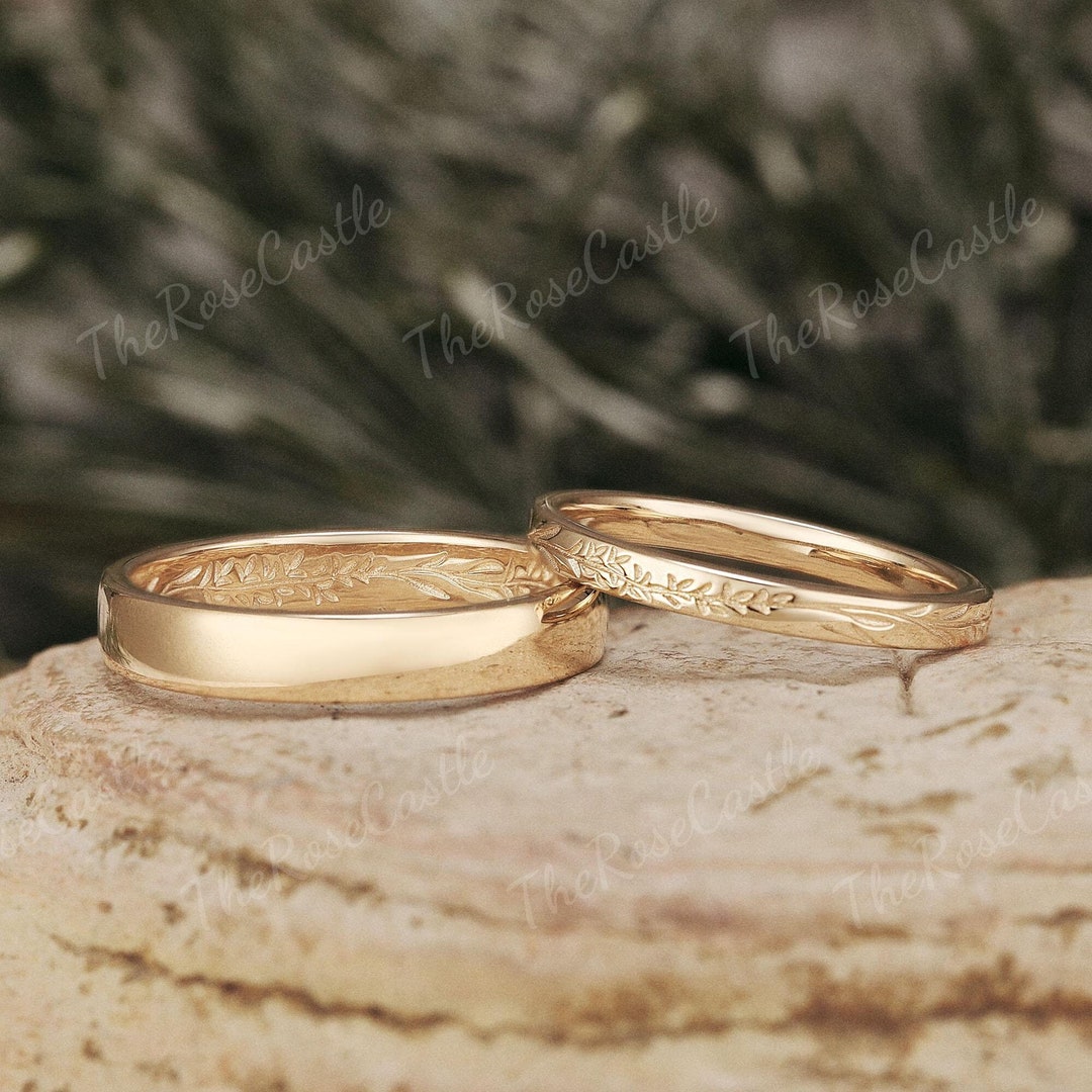 Solid Gold Leaf Branch Wedding Band Set, Matching Couple Bands, Nature ...