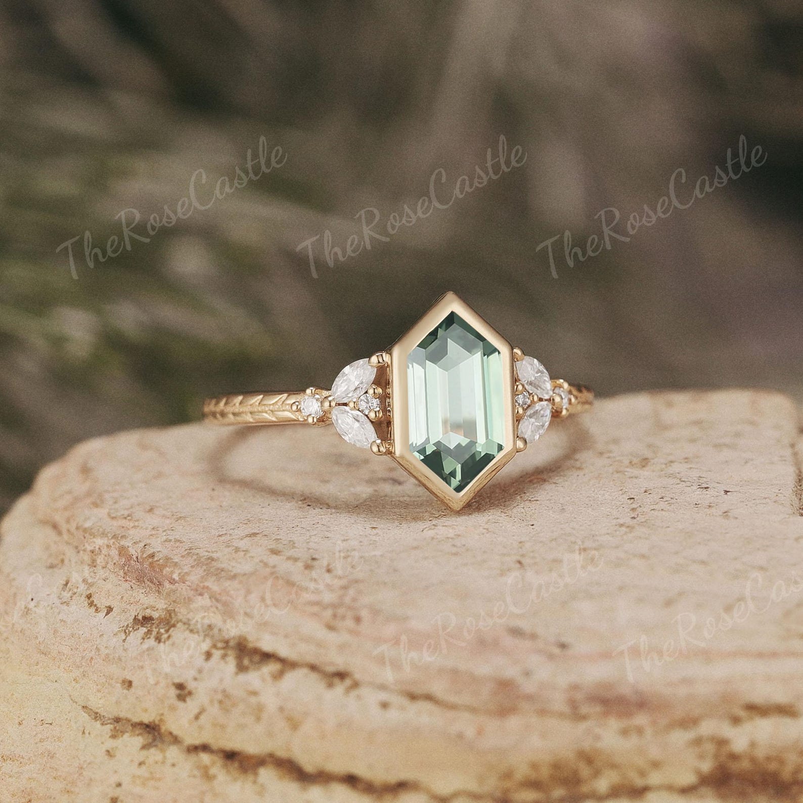 Bezel Green Sapphire Engagement Ring Solid Gold Nature Inspired Leaf ...