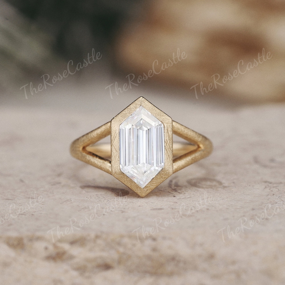 Unique Hexagon Moissanite Engagement Ring Art Deco Bezel Set Ring